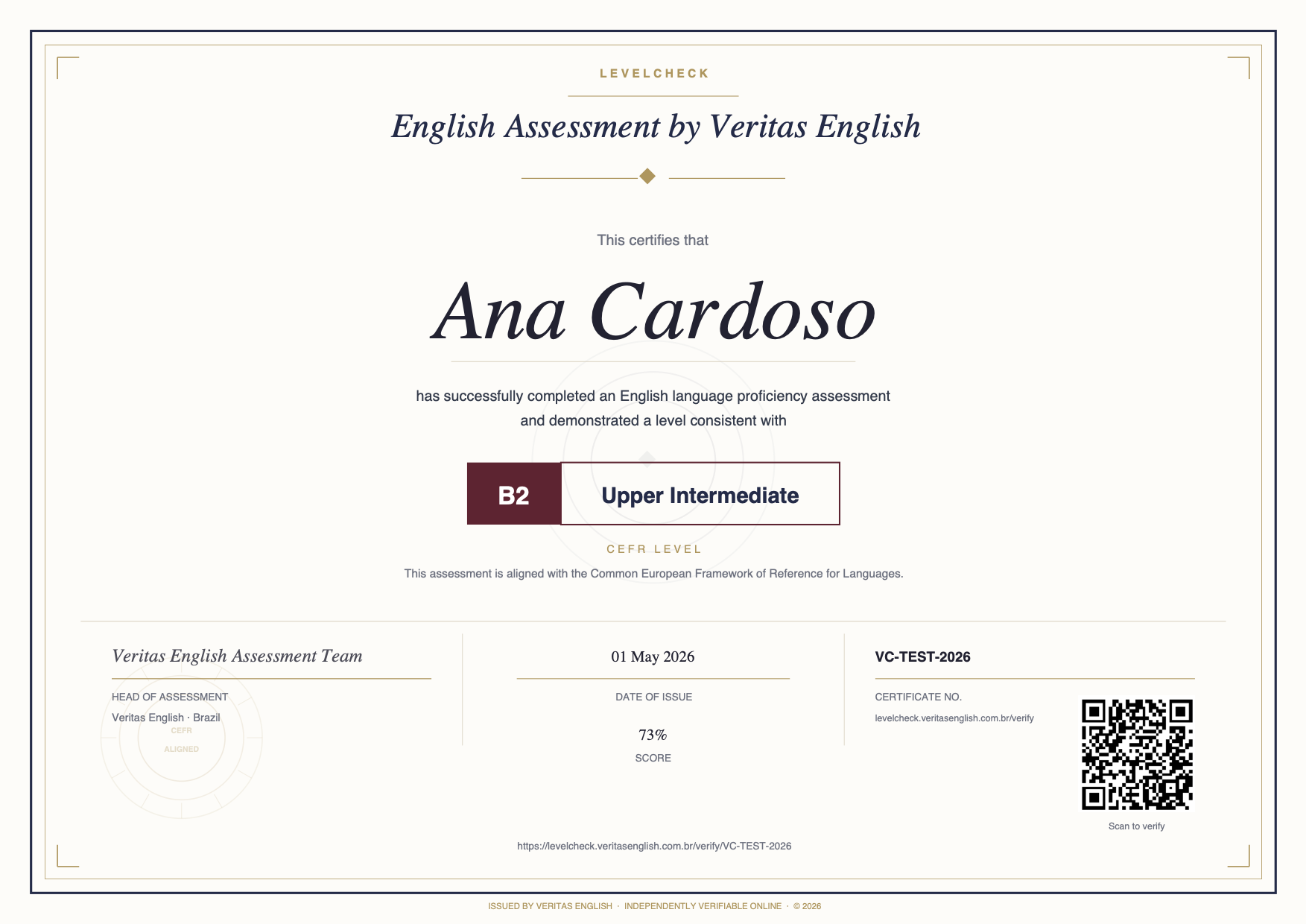Exemplo de certificado LevelCheck